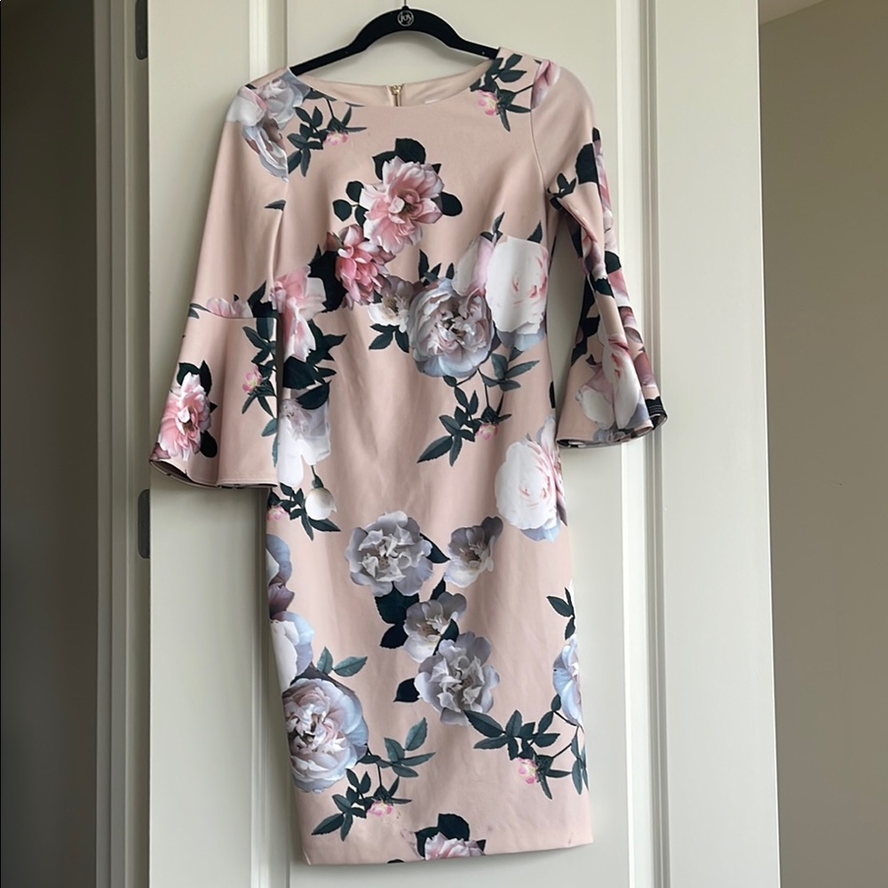 Calvin Klein Pink and Black Sheath Dress with Bell Sleeves